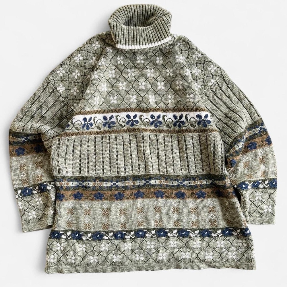 Vintage Private Eyes Sage Green Blue Flower Fair Isle Turtleneck Sweater M
